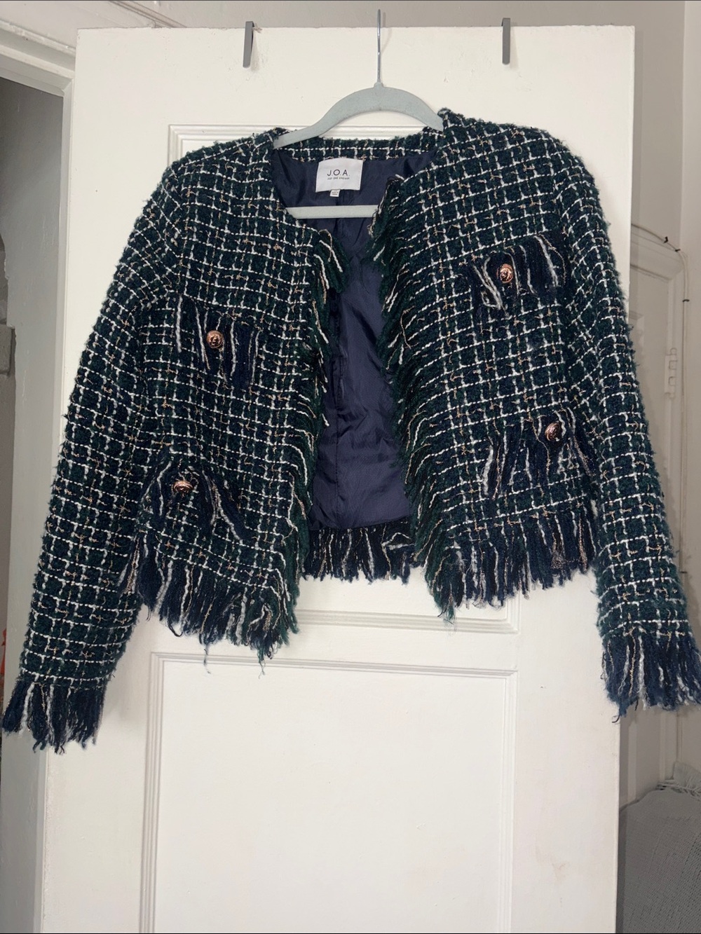 J.O.A. Black & Green Tweed Fringed Cropped Blazer